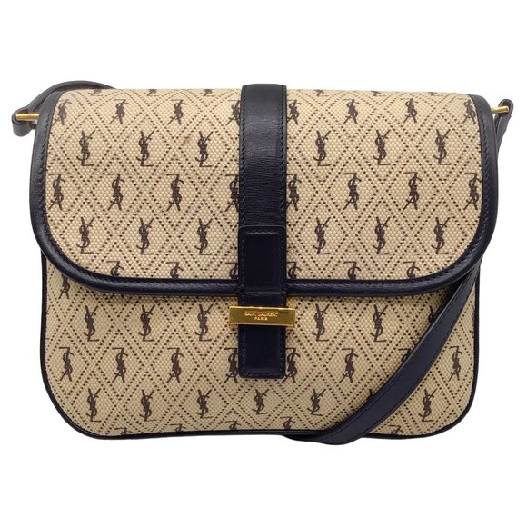 SAINT LAURENT BEIGE / BLACK LEATHER TRIMMED SMALL LE MONOGRAMME CANVAS SATCHEL C - Picture 1 of 12